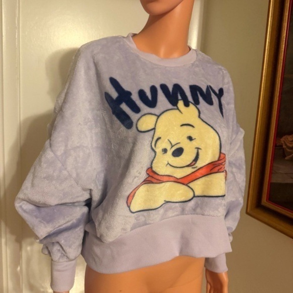 Disney Winnie the Pooh Bear Purple Sweatshirt Women's Crop Large Stretch L